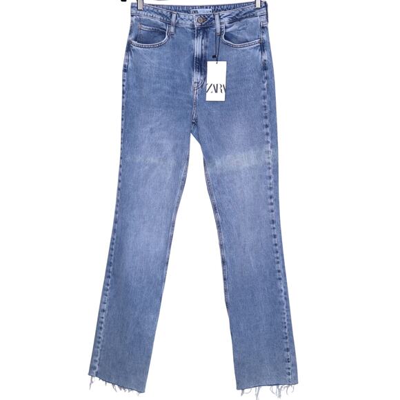 ZARA NEW High Rise Split Flared Jeans Light Washed Blue Straight Leg Women's 6 - Picture 1 of 10